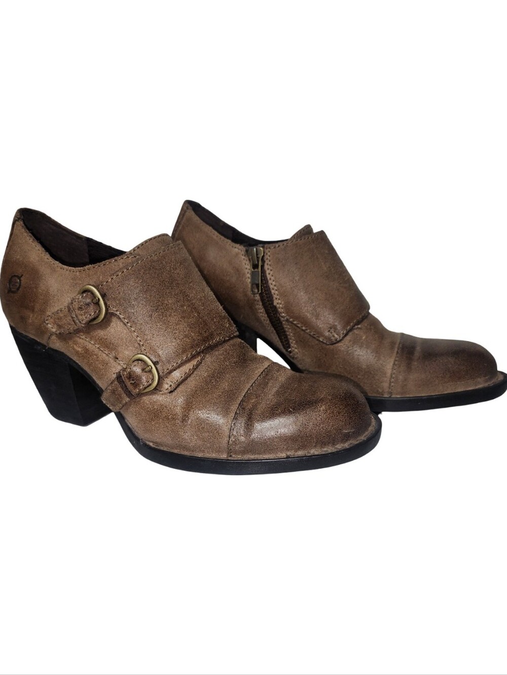 BORN Davis Distressed Leather Monk Strap Clog Booties Brown Size 7.5 M